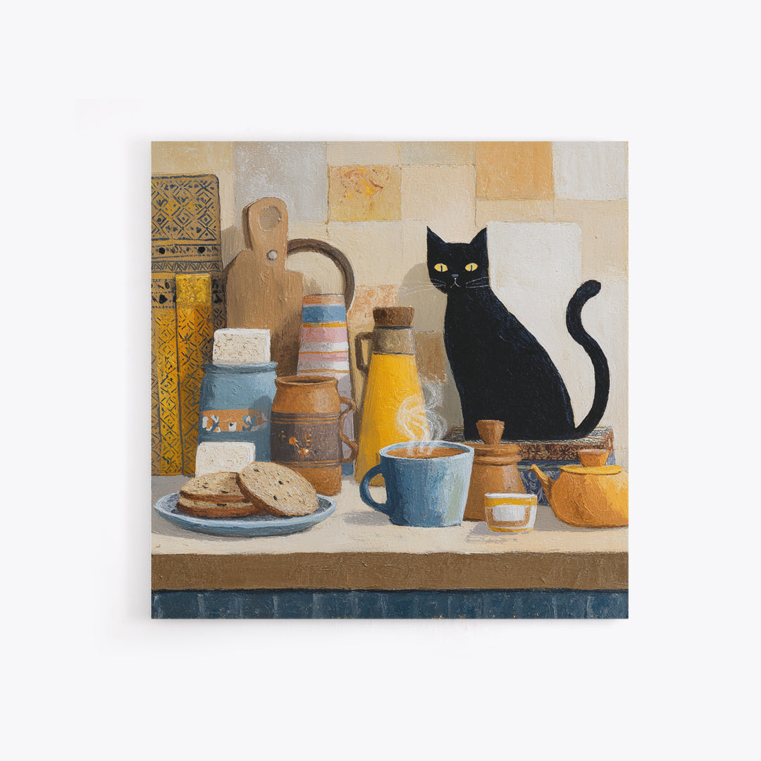 Black Cat Beside a Steaming Cup Framed Canvas Print, Coffee Shop Art, Gallery Decor, Cafe Decor, Fine Art, Cafe, Wall Art, CSA-1x1-62