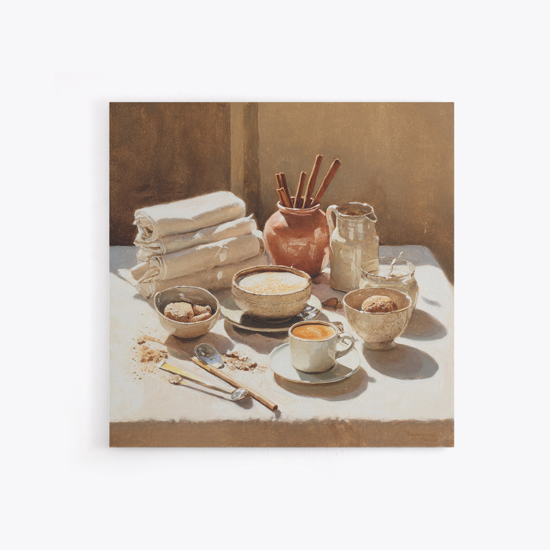 Cinnamon Sticks and Cappuccino Foam Still Life Framed Canvas Print, Coffee Shop Art, Minimalist Wall Art, Cafe Decor, CSA-1x1-72