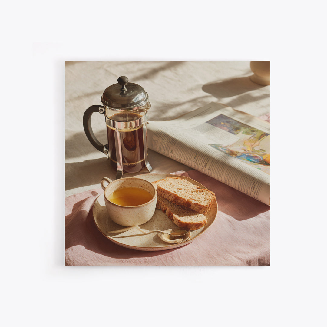 French Press and Morning Newspaper Without Readable Canvas Print, Coffee Shop Art, Boho Decor, Cafe Decor, Oil Painting, Cafe, CSA-1x1-82
