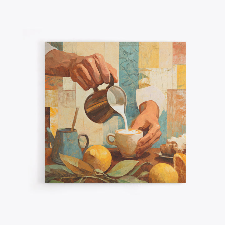 Barista Hands Pouring Milk into Espresso Framed Canvas Print, Coffee Shop Art, Wall Art, Cafe Decor, Oil Painting, Cafe, CSA-1x1-93