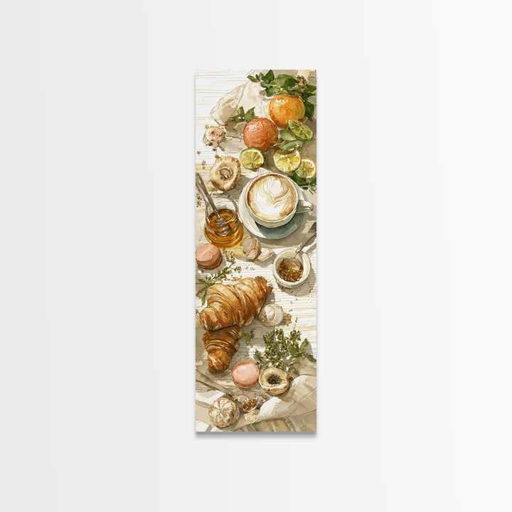 Croissant and Cappuccino on Striped Cloth Canvas Print, Coffee Shop Art, Wall Decor, Cafe Decor, Fine Art, Cafe, Kitchen Gift, CSA-1x3-17