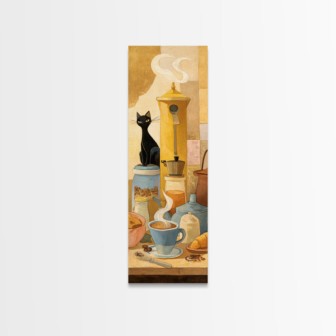 Black Cat Beside a Steaming Cup Framed Canvas Print, Coffee Shop Art, Fine Art Print, Cafe Decor, Fine Art, Cafe, Printable, CSA-1x3-50