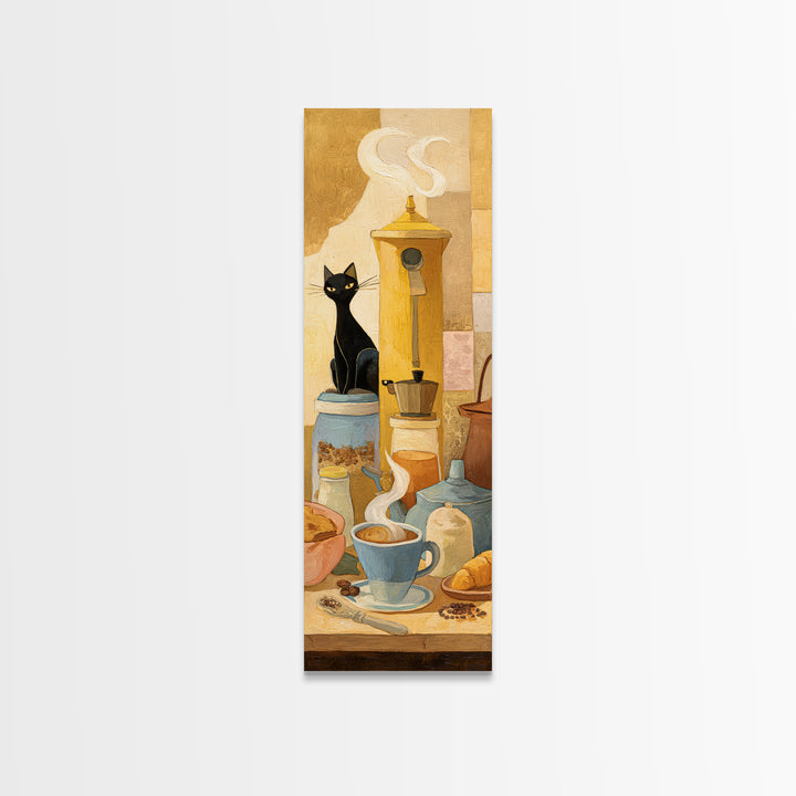 Black Cat Beside a Steaming Cup Framed Canvas Print, Coffee Shop Art, Fine Art Print, Cafe Decor, Fine Art, Cafe, Printable, CSA-1x3-50