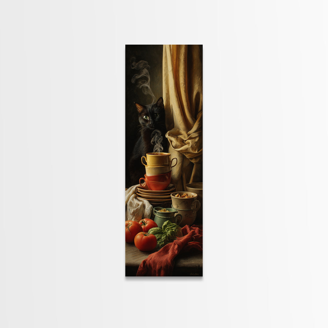 Black Cat Beside a Steaming Cup Framed Canvas Print, Coffee Shop Art, Fine Art Print, Cafe Decor, Fine Art, Cafe, Printable, CSA-1x3-74