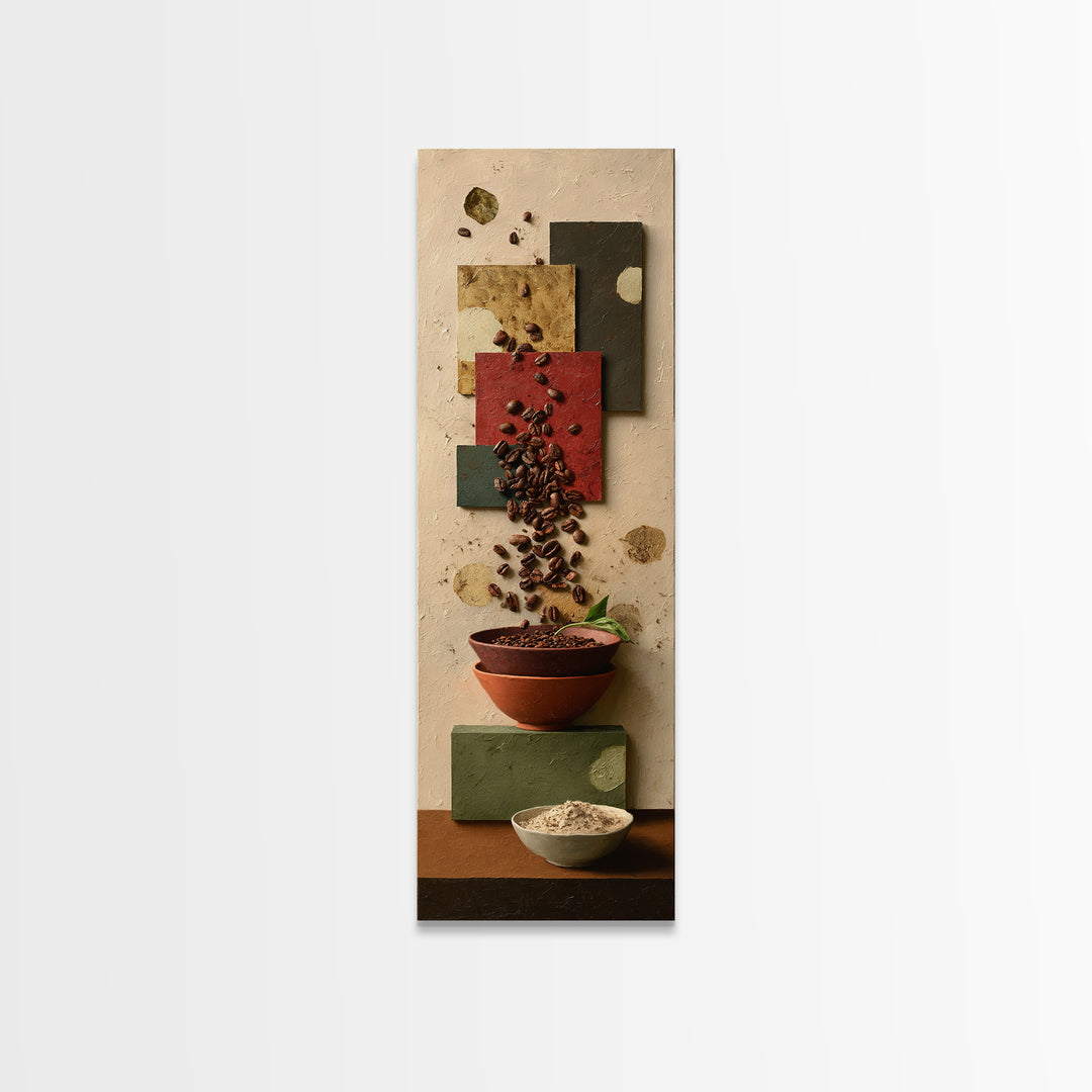 Roasted Beans Falling Through Dark Space Framed Canvas Print, Coffee Shop Art, Contemporary Art, Cafe Decor, Fine Art, Cafe, CSA-1x3-8