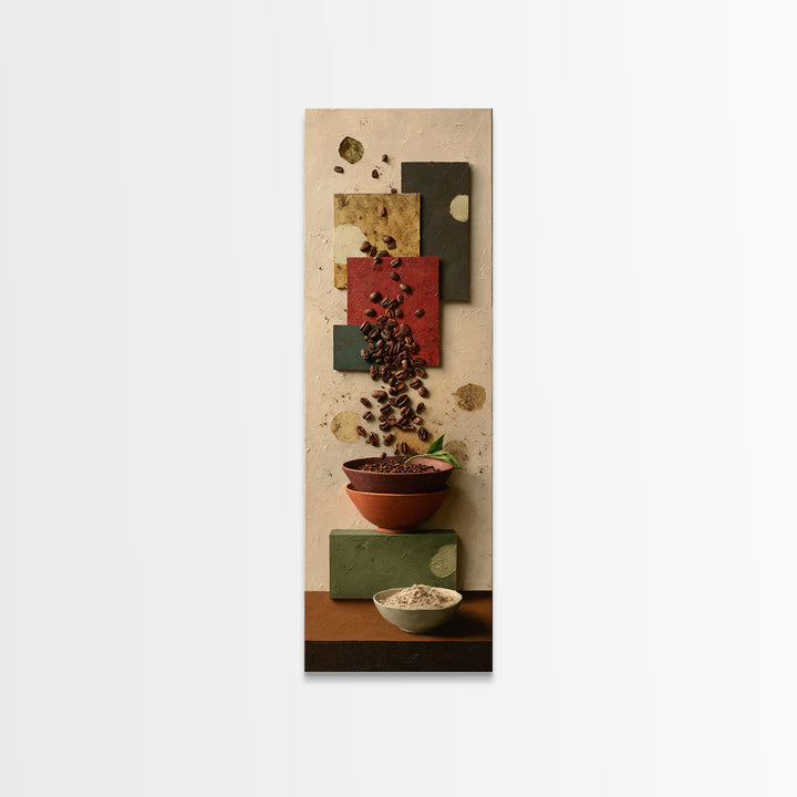 Roasted Beans Falling Through Dark Space Framed Canvas Print, Coffee Shop Art, Contemporary Art, Cafe Decor, Fine Art, Cafe, CSA-1x3-8