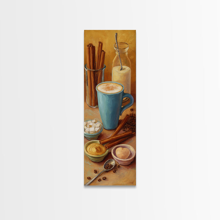 Cinnamon Sticks and Cappuccino Foam Still Life Framed Canvas Print, Coffee Shop Art, Dopamine Decor, Cafe Decor, Fine Art, Cafe, CSA-1x3-84