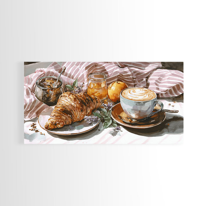 Croissant and Cappuccino on Striped Cloth Framed Canvas Print, Coffee Shop Art, Canvas Wall Art, Cafe Decor, Fine Art, Cafe, CSA-2x1-1