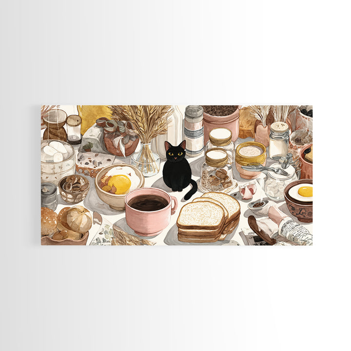Black Cat Beside a Steaming Cup Framed Canvas Print, Coffee Shop Art, Contemporary Art, Cafe Decor, Cafe, Printable Art, CSA-2x1-10