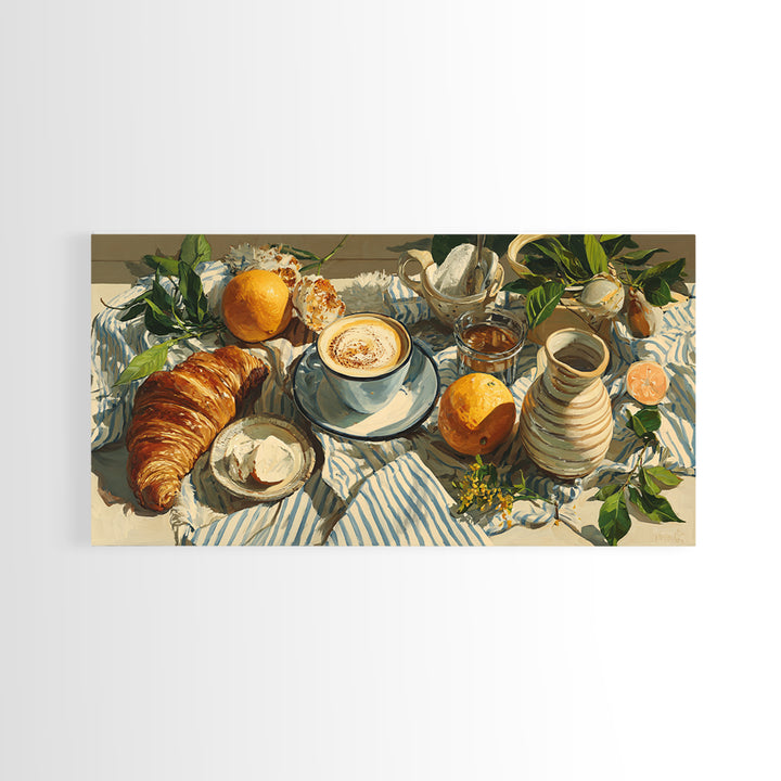 Croissant and Cappuccino on Striped Cloth Framed Canvas Print, Coffee Shop Art, Canvas Wall Art, Cafe Decor, Fine Art, Cafe, CSA-2x1-25