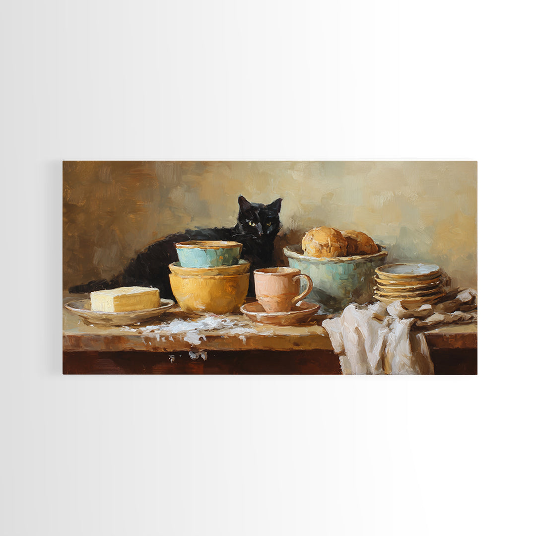 Black Cat Beside a Steaming Cup Framed Canvas Print, Coffee Shop Art, Contemporary Art, Cafe Decor, Cafe, Printable Art, CSA-2x1-34