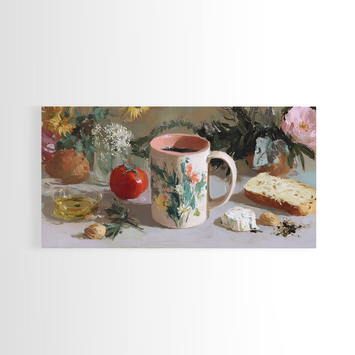 Ceramic Mug with Wildflowers Around It Canvas Print, Coffee Shop Art, Home Decor, Cafe Decor, Fine Art, Cafe, Kitchen Art, CSA-2x1-36