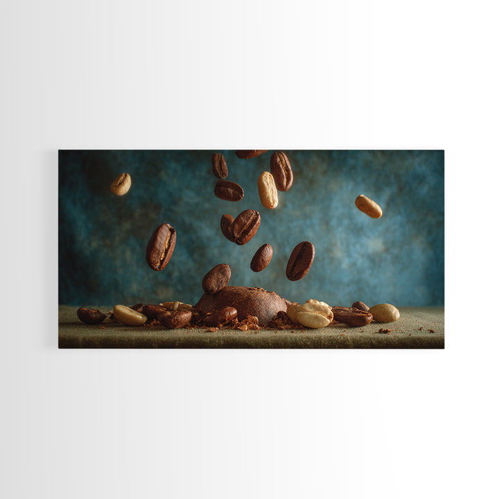 Roasted Beans Falling Through Dark Space Framed Canvas Print, Coffee Shop Art, Wall Decor, Cafe Decor, Fine Art, Cafe, CSA-2x1-40