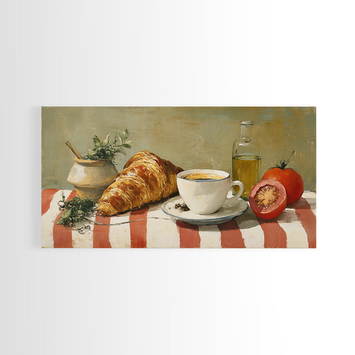 Croissant and Cappuccino on Striped Cloth Canvas Print, Coffee Shop Art, Kitchen Art, Cafe Decor, Cafe, Minimalist Wall Art, CSA-2x1-49