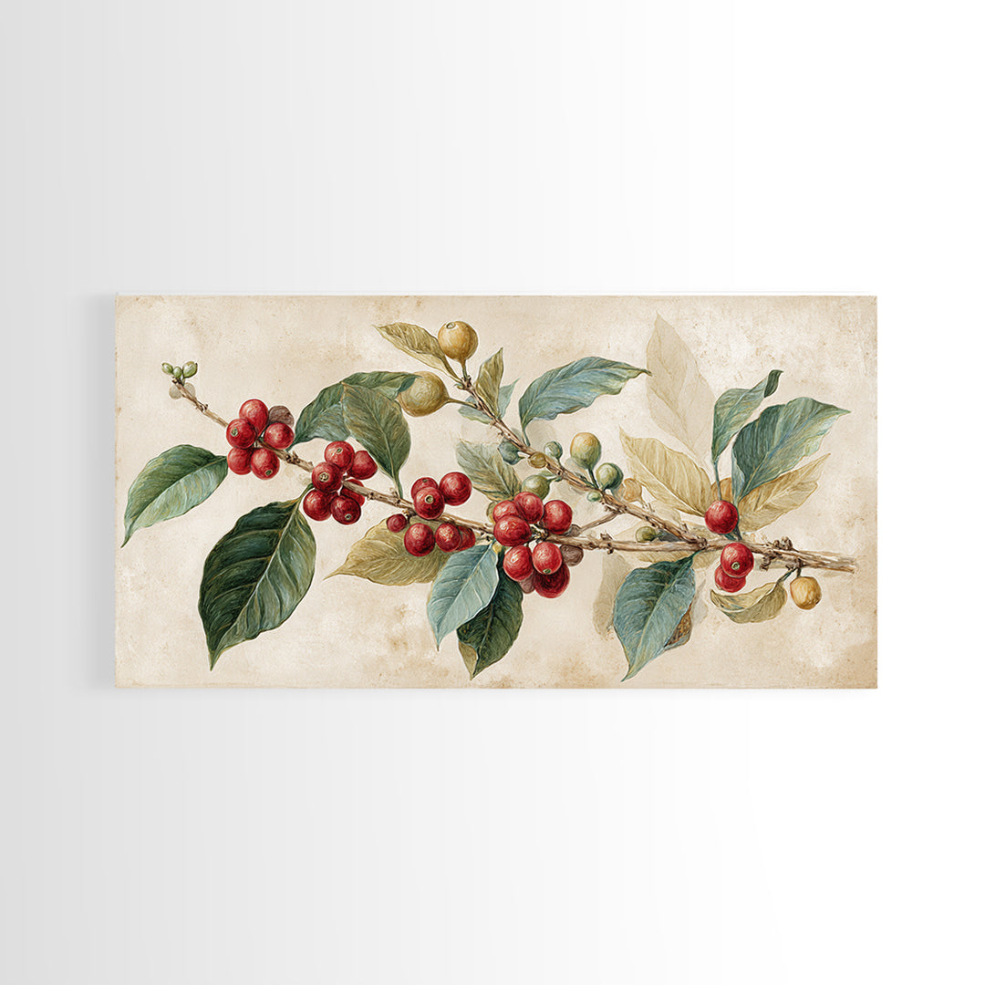 Botanical Coffee Plant Branch Framed Canvas Print, Coffee Shop Art, Coffee, Cafe Decor, Oil Painting, Cafe, Living Room Decor, CSA-2x1-50