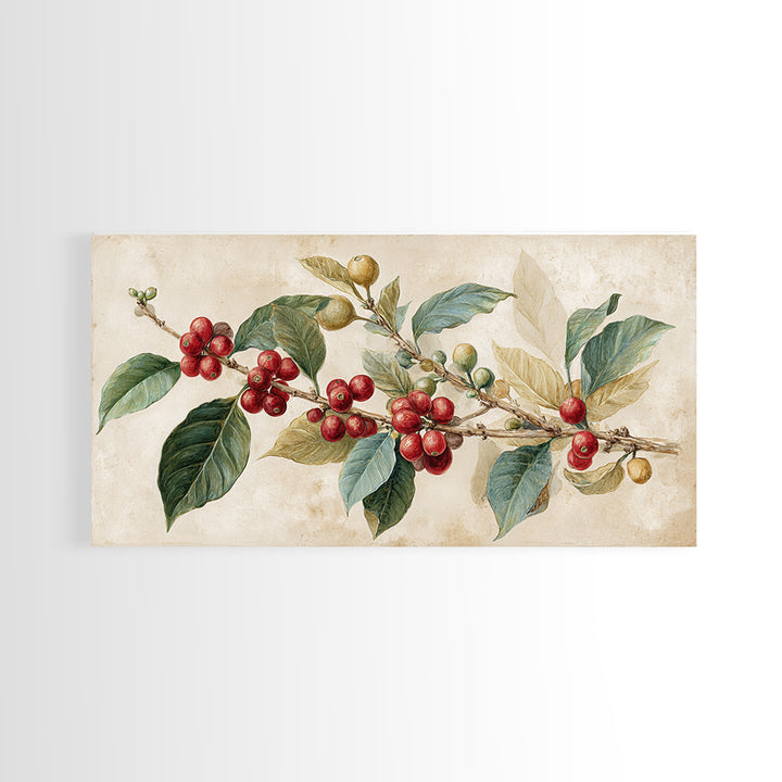 Botanical Coffee Plant Branch Framed Canvas Print, Coffee Shop Art, Coffee, Cafe Decor, Oil Painting, Cafe, Living Room Decor, CSA-2x1-50