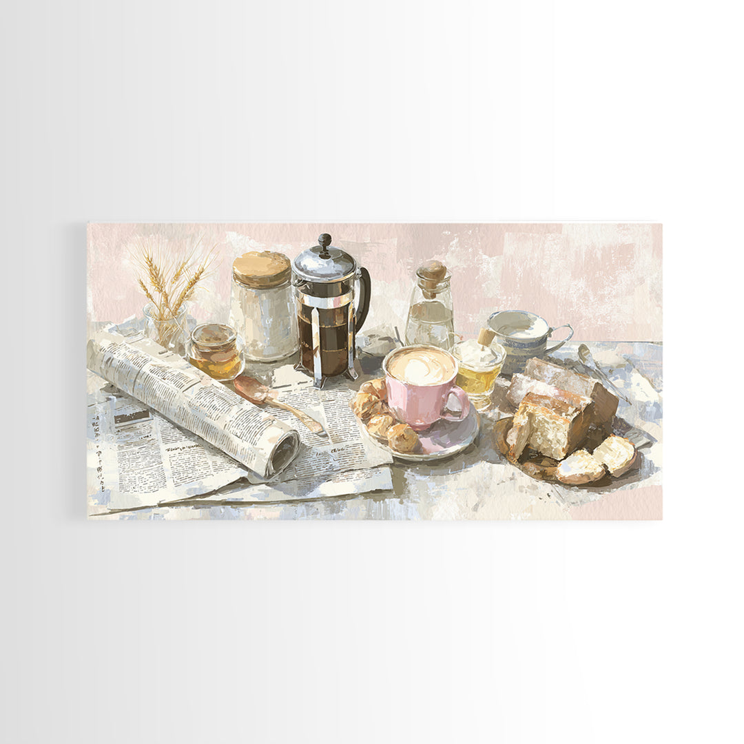 French Press and Morning Newspaper Without Readable Canvas Print, Coffee Shop Art, Art Print, Cafe Decor, Fine Art, Cafe, CSA-2x1-54