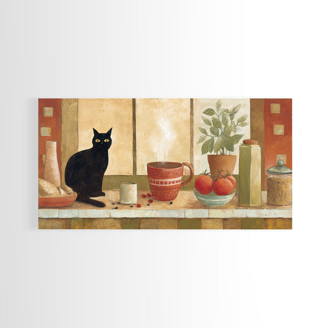 Black Cat Beside a Steaming Cup Canvas Print, Coffee Shop Art, Printable, Cafe Decor, Fine Art, Cafe, Dopamine Decor, CSA-2x1-58
