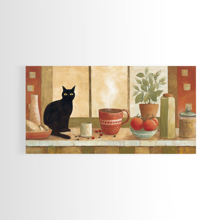 Black Cat Beside a Steaming Cup Canvas Print, Coffee Shop Art, Printable, Cafe Decor, Fine Art, Cafe, Dopamine Decor, CSA-2x1-58