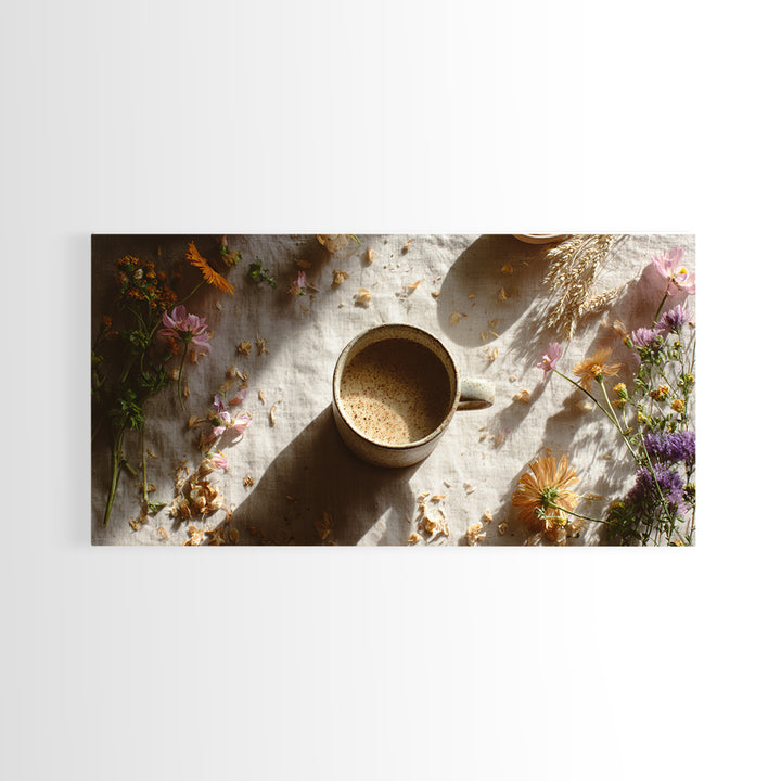 Ceramic Mug with Wildflowers Around It Framed Canvas Print, Coffee Shop Art, Digital Wall Art, Cafe Decor, Fine Art, Cafe, CSA-2x1-60