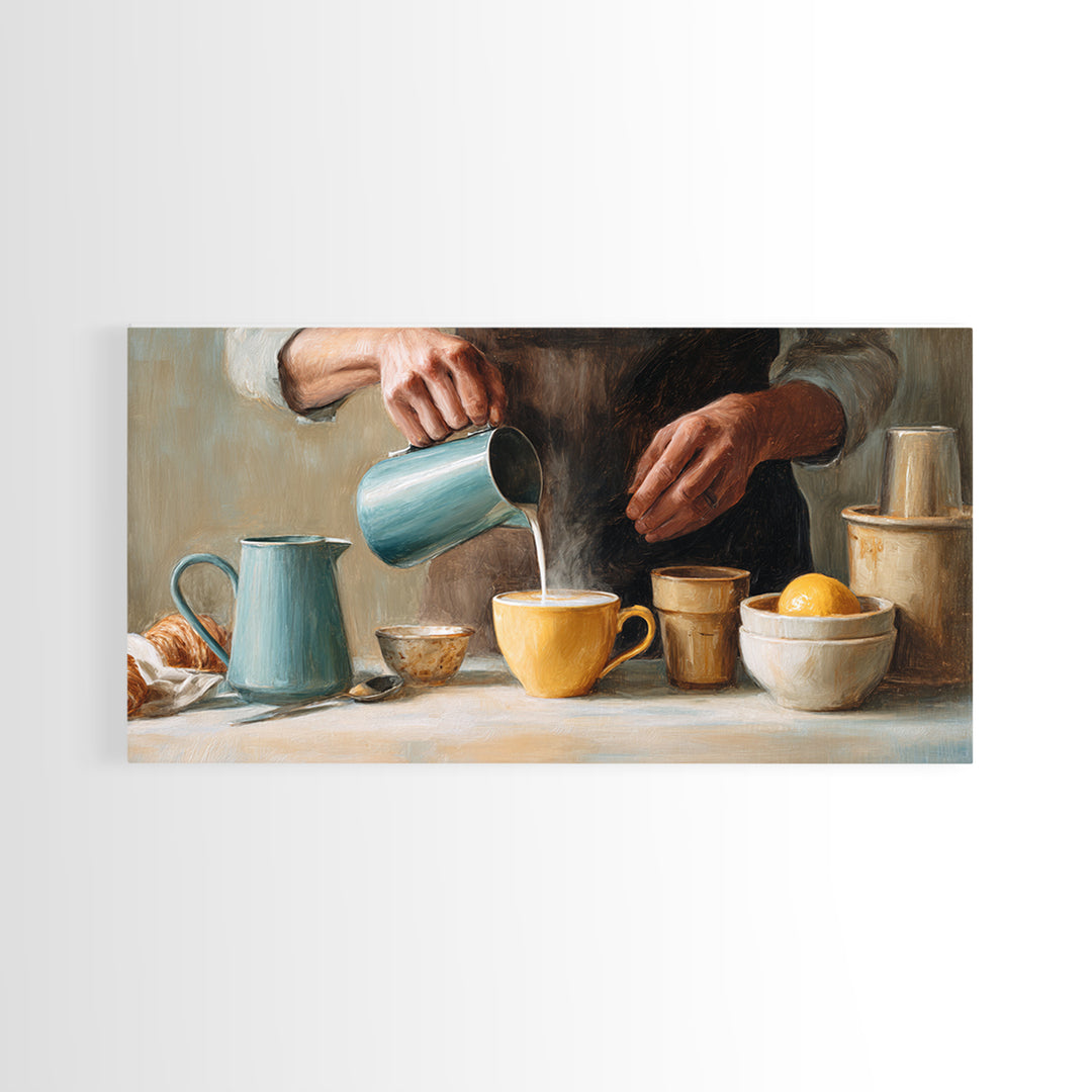 Barista Hands Pouring Milk into Espresso Framed Canvas Print, Coffee Shop Art, Printable Art, Cafe Decor, Abstract Art, Cafe, CSA-2x1-65