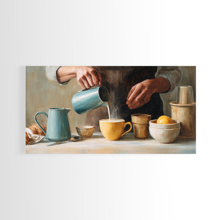 Barista Hands Pouring Milk into Espresso Framed Canvas Print, Coffee Shop Art, Printable Art, Cafe Decor, Abstract Art, Cafe, CSA-2x1-65