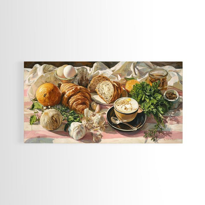 Croissant and Cappuccino on Striped Cloth Canvas Print, Coffee Shop Art, Kitchen Art, Cafe Decor, Cafe, Minimalist Wall Art, CSA-2x1-73