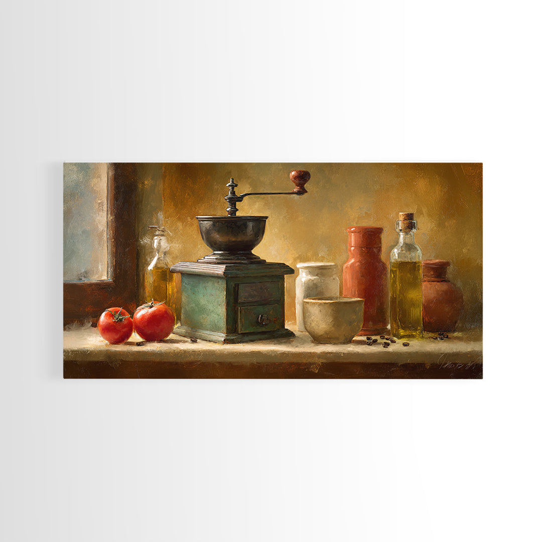 Coffee Grinder Antique Still Life Framed Canvas Print, Coffee Shop Art, Dopamine Decor, Cafe Decor, Cafe, Coffee Wall Art, CSA-2x1-80