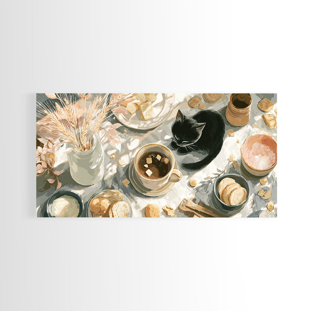 Black Cat Beside a Steaming Cup Canvas Print, Coffee Shop Art, Printable, Cafe Decor, Fine Art, Cafe, Dopamine Decor, CSA-2x1-82
