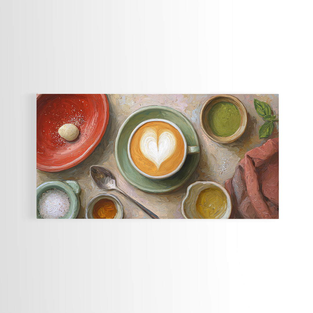 Latte Art Heart Seen from Above Framed Canvas Print, Coffee Shop Art, Kitchen Wall Decor, Cafe Decor, Oil Painting, Cafe, CSA-2x1-96