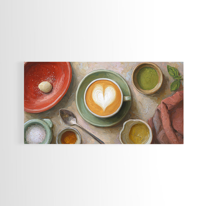 Latte Art Heart Seen from Above Framed Canvas Print, Coffee Shop Art, Kitchen Wall Decor, Cafe Decor, Oil Painting, Cafe, CSA-2x1-96