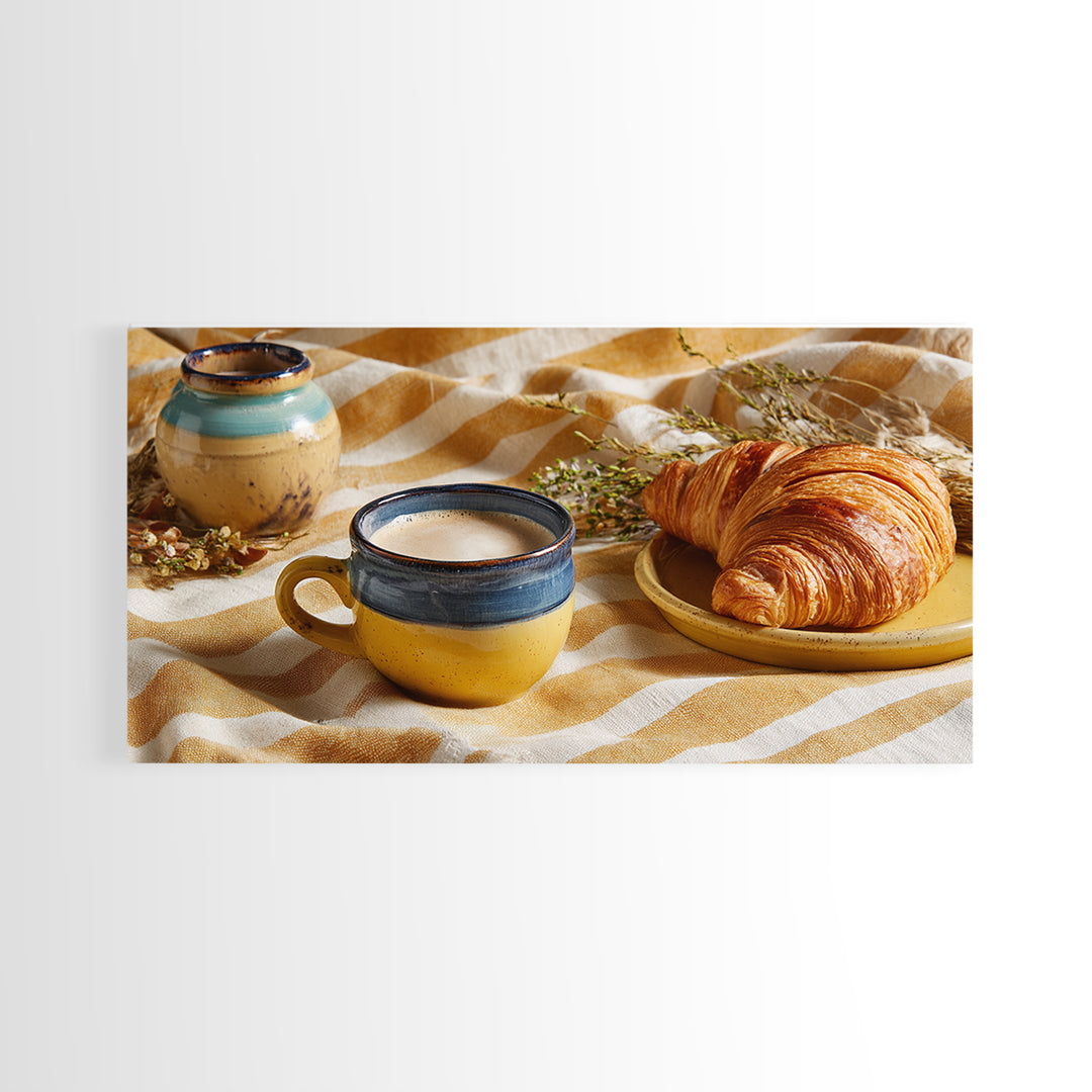 Croissant and Cappuccino on Striped Cloth Framed Canvas Print, Coffee Shop Art, Canvas Print, Cafe Decor, Fine Art, Cafe, CSA-2x1-97
