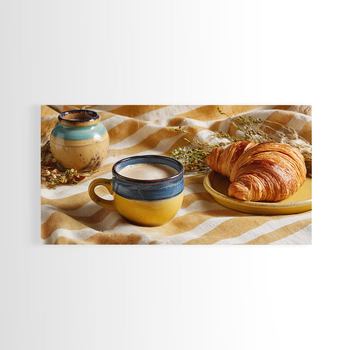 Croissant and Cappuccino on Striped Cloth Framed Canvas Print, Coffee Shop Art, Canvas Print, Cafe Decor, Fine Art, Cafe, CSA-2x1-97