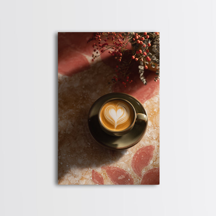 Latte Art Heart Seen from Above Framed Canvas Print, Coffee Shop Art, Digital Wall Art, Cafe Decor, Oil Painting, Cafe, CSA-2x3-12