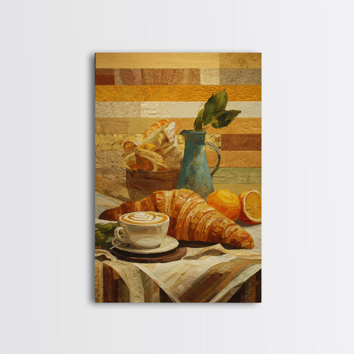Croissant and Cappuccino on Striped Cloth Framed Canvas Print, Coffee Shop Art, Kitchen Wall Art, Cafe Decor, Fine Art, Cafe, CSA-2x3-13