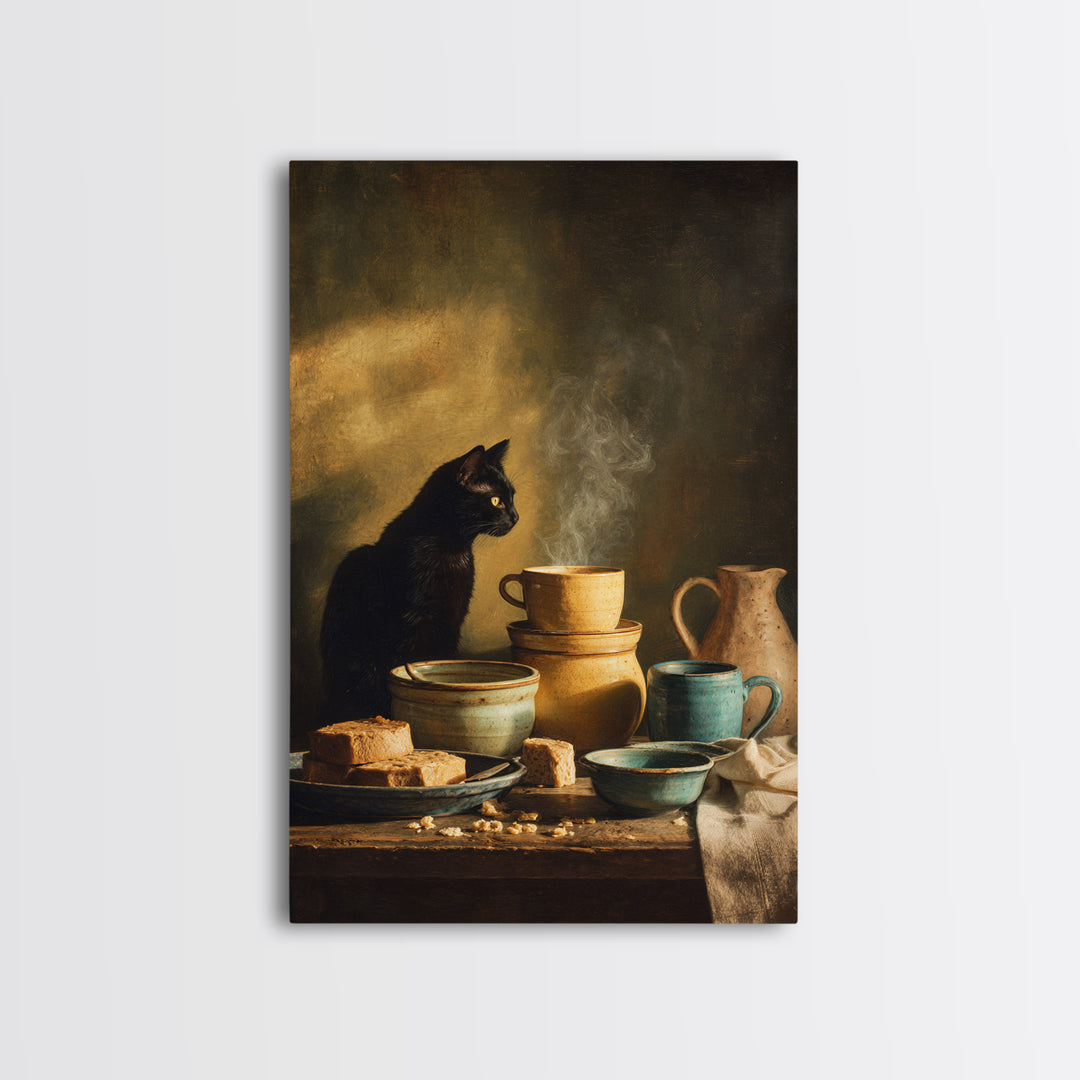 Black Cat Beside a Steaming Cup Framed Canvas Print, Coffee Shop Art, Wall Decor, Cafe Decor, Fine Art, Cafe, Kitchen Gift, CSA-2x3-22