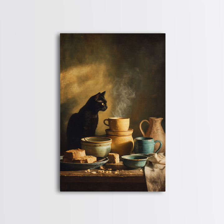 Black Cat Beside a Steaming Cup Framed Canvas Print, Coffee Shop Art, Wall Decor, Cafe Decor, Fine Art, Cafe, Kitchen Gift, CSA-2x3-22