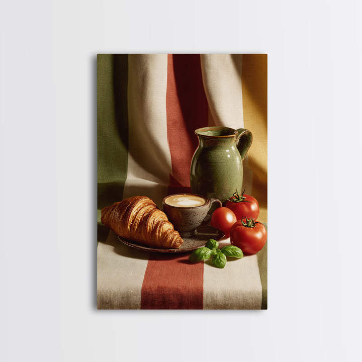 Croissant and Cappuccino on Striped Cloth Framed Canvas Print, Coffee Shop Art, Kitchen Wall Art, Cafe Decor, Fine Art, Cafe, CSA-2x3-37