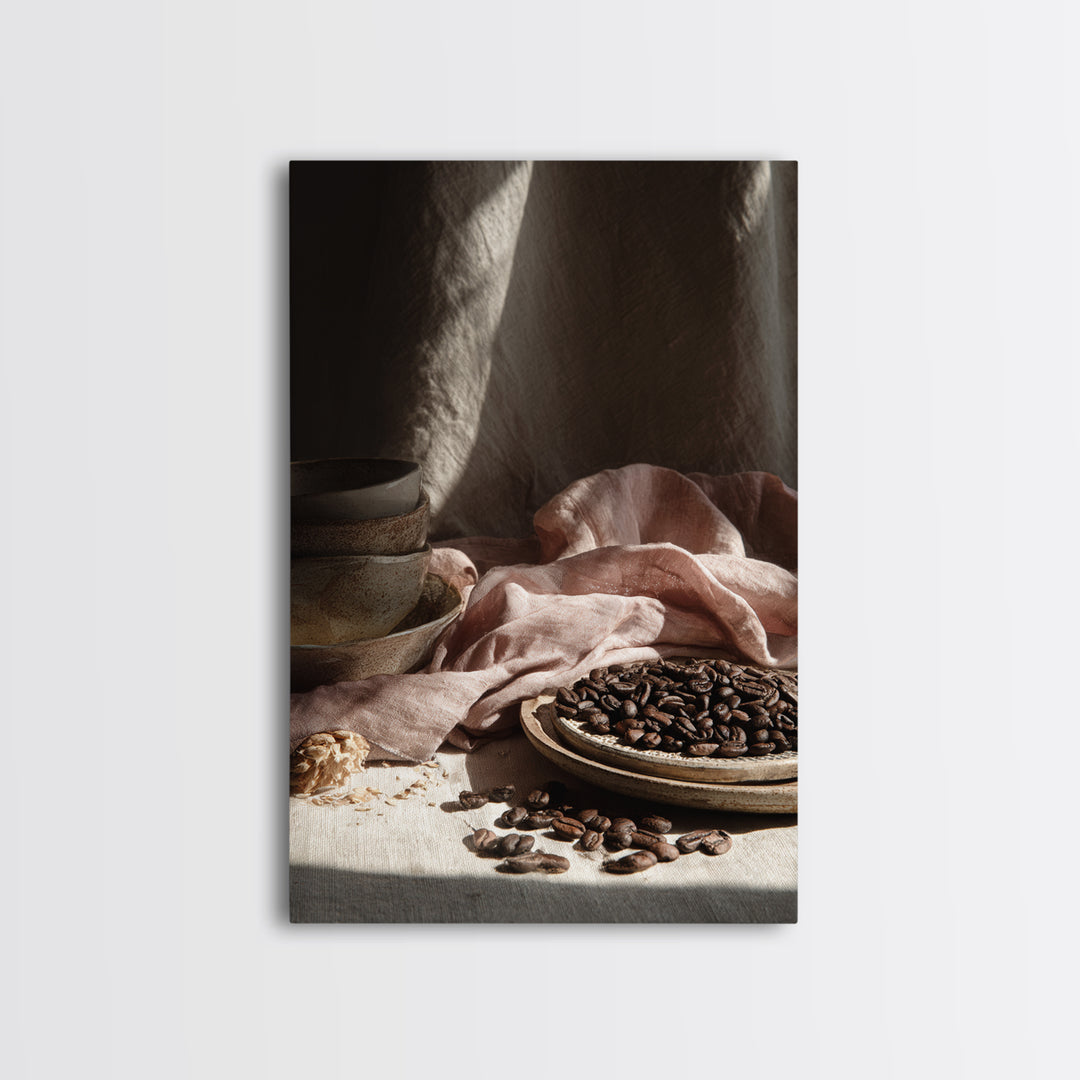 Roasted Beans Falling Through Dark Space Framed Canvas Print, Coffee Shop Art, Contemporary Art, Cafe Decor, Fine Art, Cafe, CSA-2x3-4