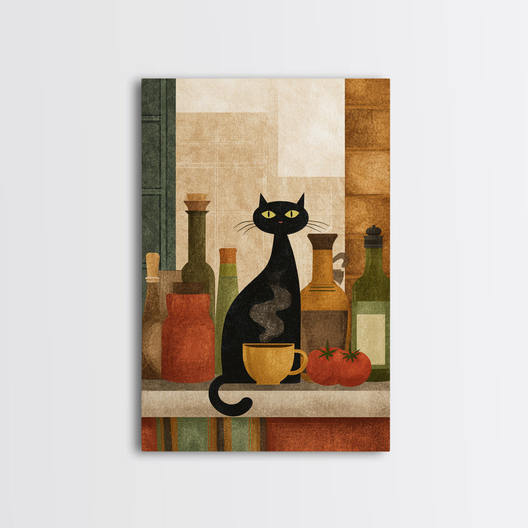 Black Cat Beside a Steaming Cup Framed Canvas Print, Coffee Shop Art, Wall Decor, Cafe Decor, Fine Art, Cafe, Kitchen Gift, CSA-2x3-46