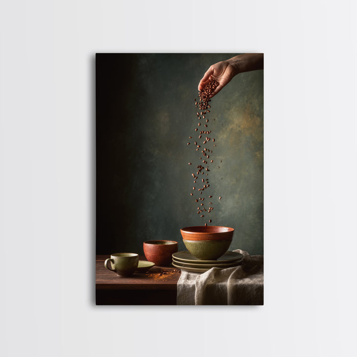 Roasted Beans Falling Through Dark Space Framed Canvas Print, Coffee Shop Art, Wall Decor, Cafe Decor, Fine Art, Cafe, CSA-2x3-52