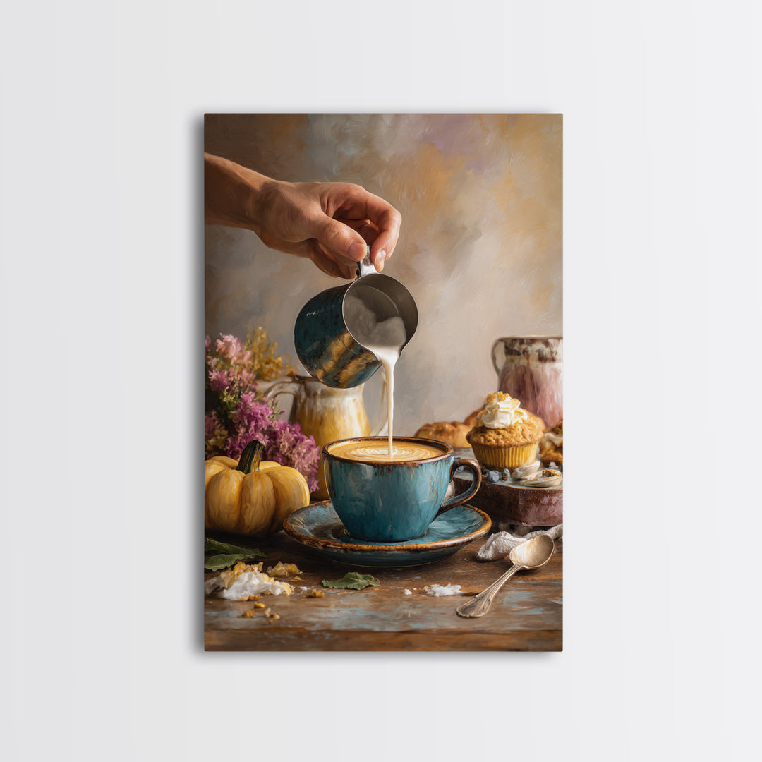 Barista Hands Pouring Milk into Espresso Framed Canvas Print, Coffee Shop Art, Kitchen Gift, Cafe Decor, Oil Painting, Cafe, CSA-2x3-53