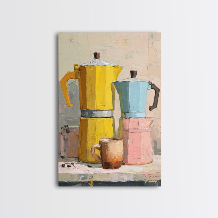 Mid Century Coffee Pot Framed Canvas Print, Coffee Shop Art, Minimalist Decor, Cafe Decor, Fine Art, Cafe, Kitchen Wall Art, CSA-2x3-6