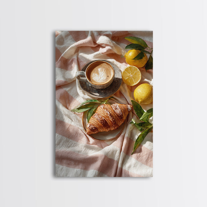 Croissant and Cappuccino on Striped Cloth Canvas Print, Coffee Shop Art, Dark Academia Decor, Cafe Decor, Fine Art, Cafe, CSA-2x3-61