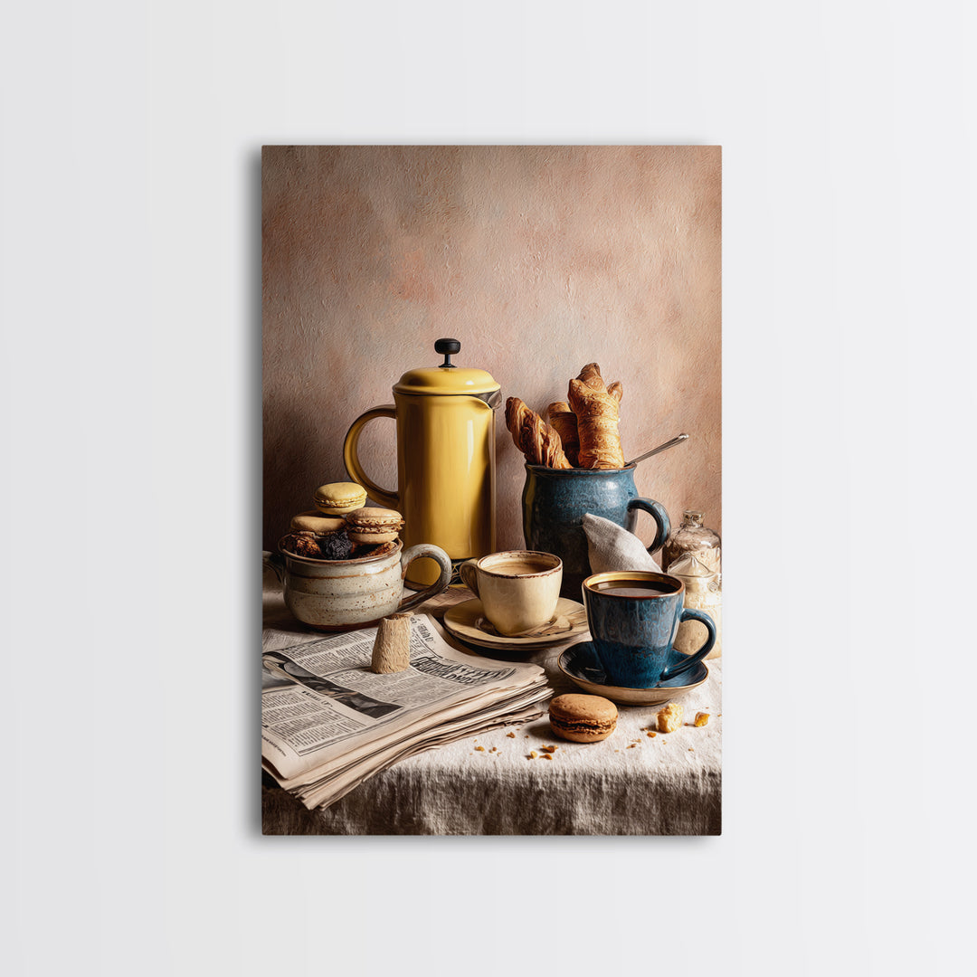 French Press and Morning Newspaper Without Readable Canvas Print, Coffee Shop Art, Digital Wall Art, Cafe Decor, Oil Painting, CSA-2x3-66