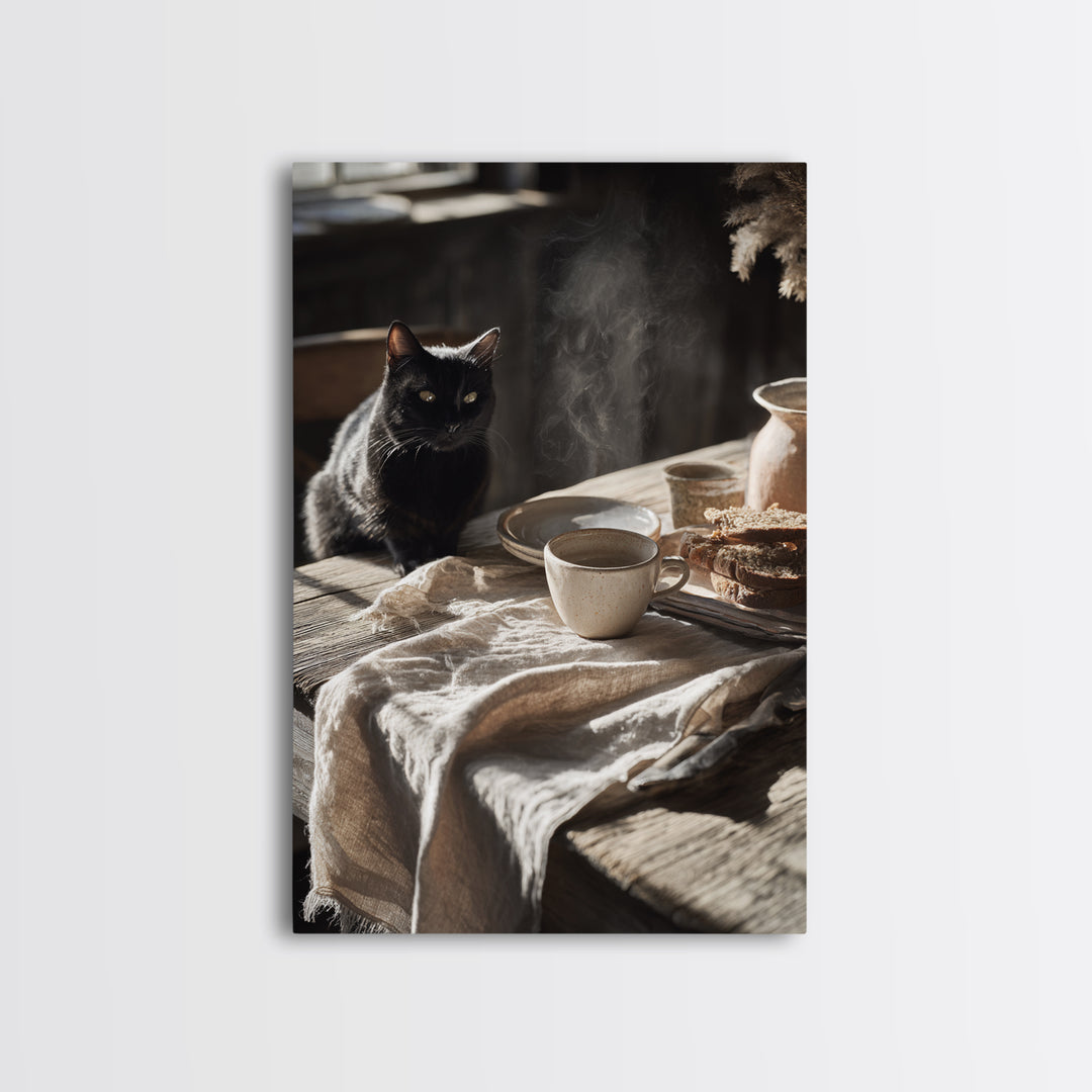 Black Cat Beside a Steaming Cup Canvas Print, Coffee Shop Art, Canvas Wall Art, Cafe Decor, Fine Art, Cafe, Bedroom Wall Art, CSA-2x3-70