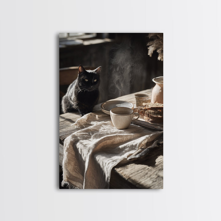 Black Cat Beside a Steaming Cup Canvas Print, Coffee Shop Art, Canvas Wall Art, Cafe Decor, Fine Art, Cafe, Bedroom Wall Art, CSA-2x3-70