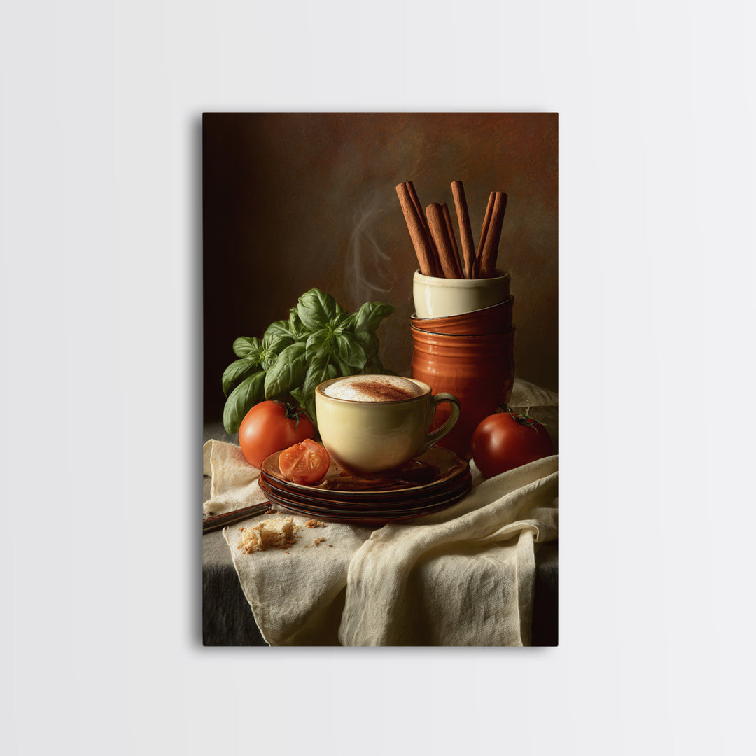 Cinnamon Sticks and Cappuccino Foam Still Life Framed Canvas Print, Coffee Shop Art, Whimsical Art, Cafe Decor, Oil Painting, CSA-2x3-8