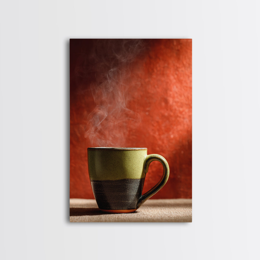 Espresso Cup with Rising Steam and Warm Canvas Print, Coffee Shop Art, Kitchen Wall Decor, Cafe Decor, Oil Painting, Cafe, CSA-2x3-81