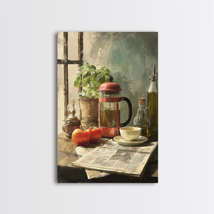 French Press and Morning Newspaper Without Readable Framed Canvas Print, Coffee Shop Art, Farmhouse Decor, Cafe Decor, Cafe, CSA-2x3-90